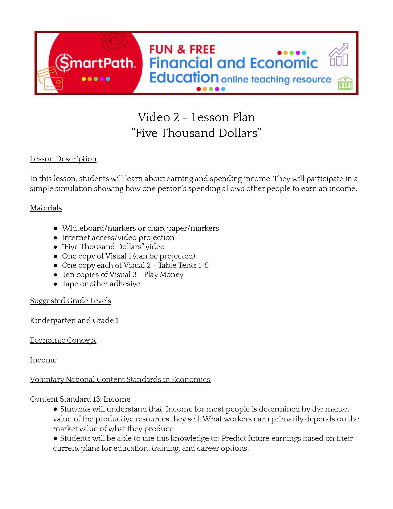 Lesson plan about earnings, spending, and budgets